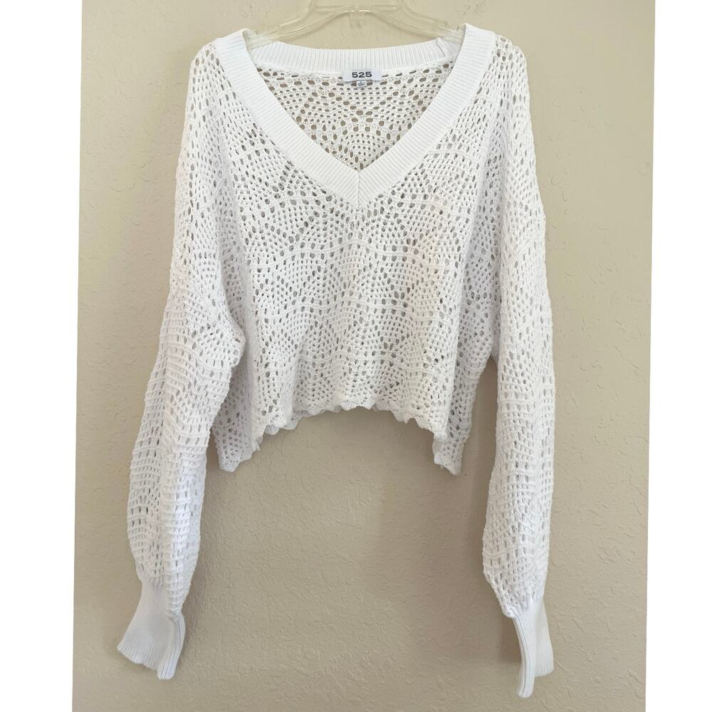 525 America White Crochet Sweater Womens Size L Cropped Cotton Open Knit Layer